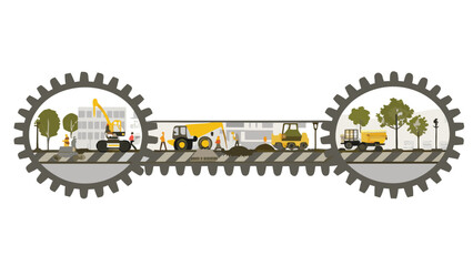 Construction site inside two gears showing workers and heavy equipment in a connected landscape view