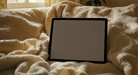 A tablet with a blank screen rests on a beige knitted blanket, nestled amongst soft folds and sunlight streaming from a nearby window, suggesting cozy relaxation