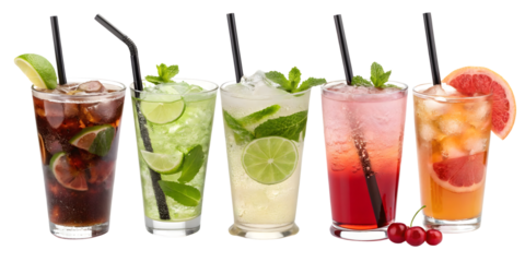 Five tall glasses of colorful refreshing cocktails with garnishes isolated on transparent background