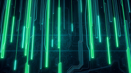 Glowing green digital streams cascade down a dark teal circuit board background.