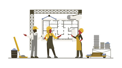 Construction workers reviewing blueprints with crane and materials on site for building project
