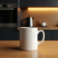Mug mockup  a white mug sits on a wooden table in a kitchen with cabinets and appliances in the background
