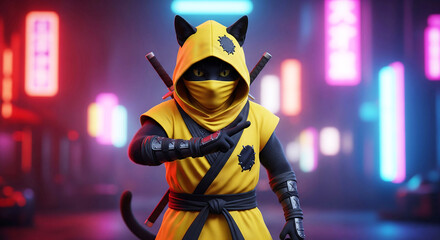 Cyberpunk Feline Assassin Ready for Action in Neon-Lit Cityscape