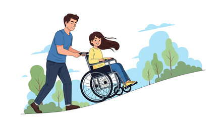 Man Pushing Woman in Wheelchair Up a Hill with Trees and Sky Background