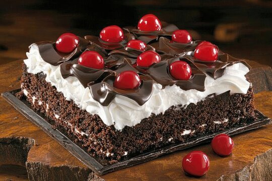 A rectangular black forest cake, layered with chocolate cake, whipped cream, and a rich chocolate ganache, is adorned with glossy red cherries.  It rests on a dark wooden surface