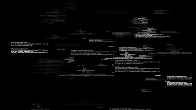 White code lines scroll across a black background, creating a dynamic and abstract visual