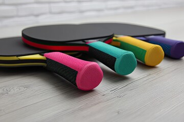 Precision color-coded paddle grips lined on textured board under overhead white lights graphic layout and soft shadows editorial flat