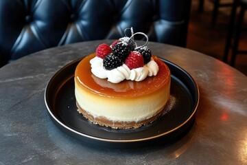 A mini cheesecake, glistening with caramel topping, sits on a dark slate plate.  Fresh raspberries and blackberries adorn the whipped cream topping.  