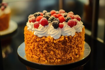 A round cake with a golden, crumbly base, topped with whipped cream and a mix of fresh raspberries, blackberries, and red cherries, lightly dusted with powdered sugar; displayed on a dark surface