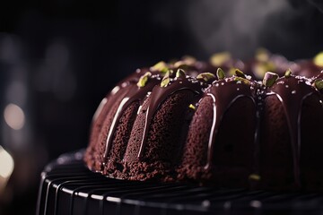 A dark chocolate bundt cake, glistening with melted chocolate ganache and sprinkled with pistachios, sits on a wire rack, emitting a subtle steam