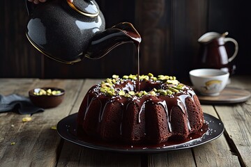 Dark chocolate bundt cake being drizzled with ganache, garnished with pistachios, sits on a dark plate on a rustic wooden table.  A dark teapot and teacup are in the background