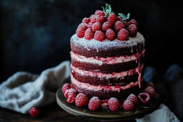 A decadent red velvet layer cake adorned with fresh raspberries and powdered sugar, rests on a dark wooden stand against a moody backdrop.  