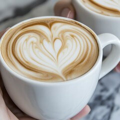 A close-up of two cups of latte art featuring heart designs.