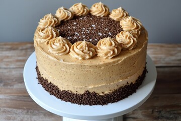 A round, two-layered cake frosted with light brown buttercream, decorated with rosettes and dark chocolate sprinkles around the base and top. It sits on a white cake stand on a wooden surface