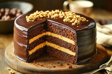 A rich, chocolate-glazed layer cake with a creamy, caramel-colored filling, partially sliced, revealing its moist, layered interior and topped with chopped nuts, sits on a rustic wooden board