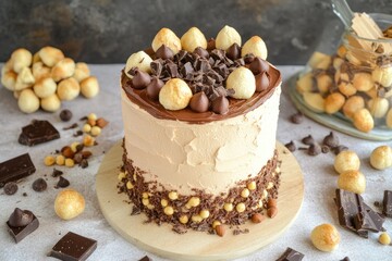 A light brown frosted cake, decorated with chocolate shavings, hazelnut pralines, and chocolate candies, sits on a wooden board surrounded by additional ingredients