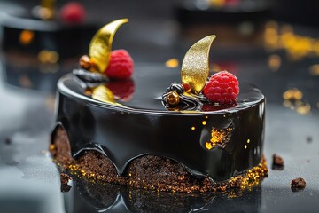 A glossy dark chocolate mousse cake, adorned with fresh raspberries and gold leaf accents, sits on a reflective black surface.  Its rich, decadent appearance is enhanced by scattered gold flakes