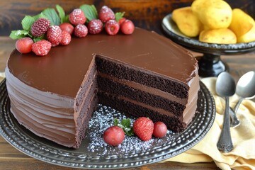 A rich, double-layered chocolate cake, frosted with a decadent chocolate ganache, is adorned with fresh raspberries, cherries, and mint. A slice has been removed, revealing moist layers. 