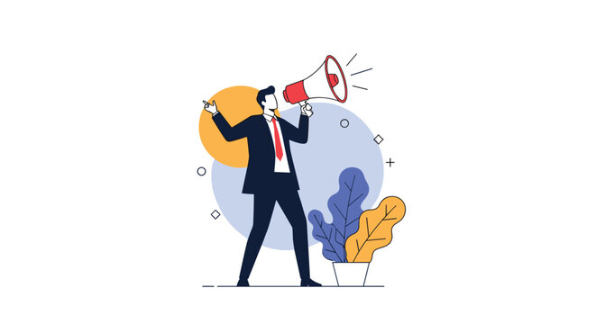 Businessman aggressively promoting his business and making a loud announcement with a megaphone