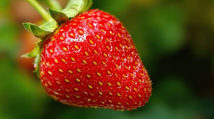 A ripe, red strawberry hangs from its stem, glistening with moisture.  Its surface is dotted with tiny yellow seeds, set against a blurred green background