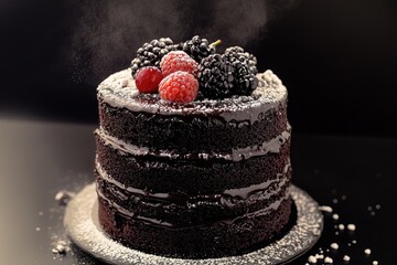 A three-layered chocolate cake, drizzled with ganache, topped with raspberries and mulberries, dusted with powdered sugar, 