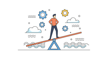 Man standing on seesaw with gears and clouds represents balance and control