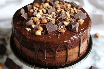 A decadent two-layered chocolate cake, generously drizzled with rich ganache and adorned with chopped hazelnuts and dark chocolate chunks, sits on a cake stand