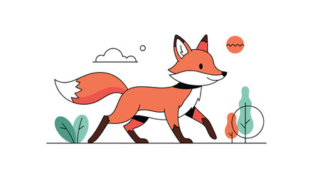 Obraz premium A playful fox walks through a whimsical forest scene illustration