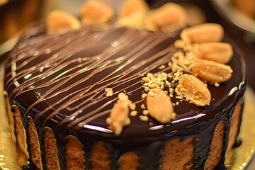 Close-up of a rich chocolate cake, generously glazed, decorated with whole and chopped peanuts arranged artfully. Drizzled chocolate creates elegant lines