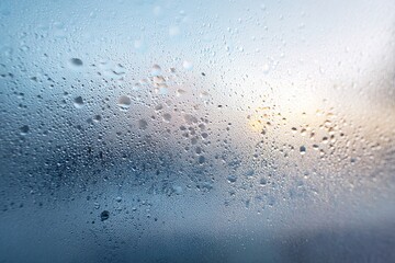 Racket outline etched into foggy window with condensation droplets and soft morning sunlight streaming pastel blue and frost white