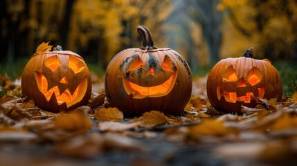 Three illuminated jack-o'-lanterns sit among fallen leaves in an autumn landscape
