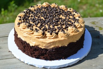 A chocolate cake with peanut butter frosting and chocolate chips sits on a white cake board outdoors.  The frosting is swirled, and the cake has a rustic appearance