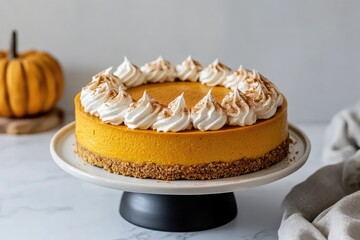 A whole pumpkin cheesecake, vibrant orange, sits on a white cake stand.  It's topped with swirls of fluffy white meringue and a dusting of spice. A small pumpkin is blurred in the background