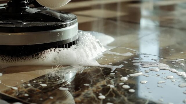 A close-up view of a vacuum cleaner with water droplets on the tile floor, likely caused by excessive use.