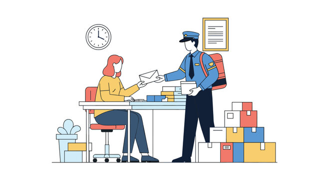 Postal worker delivering a letter to a woman at her desk with packages stacked nearby - Powered by Adobe