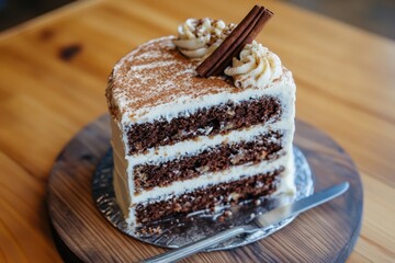 A three-layered carrot cake slice, frosted with cream cheese icing, sprinkled with cinnamon, and garnished with a cinnamon stick, rests on a wooden board with a cake server