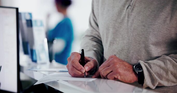 Person, hands or patient writing with document for medical application, insurance or survey. Closeup, client and filling in paperwork with pen or form for healthcare appointment or help at front desk