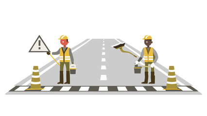 Illustration of construction site with crane excavator workers and safety cones in front of buildings