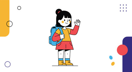 A happy young student with a backpack waving hello on her first day of school