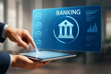 Futuristic digital banking interface concept with businessman's hand interacting on tablet device in a modern office background environment.