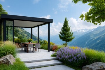Naklejka premium Modern pergola overlooking breathtaking mountain view enhancing outdoor dining experience