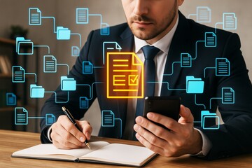 Businessman using smartphone and writing notes with digital file network concept interface on blurred office background. Ai generative.