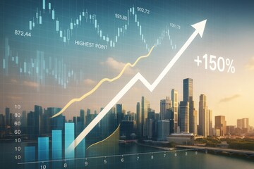 Business growth chart with 150% increase over city skyline, abstract background with light tones and financial data overlayed on buildings.