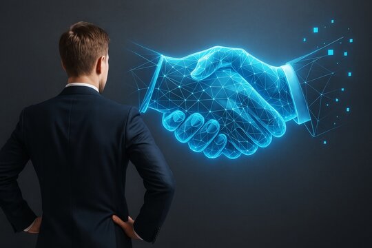 Businessman looking at glowing digital handshake made of blue polygonal light shapes on dark background symbolizing creative virtual agreement. - Powered by Adobe