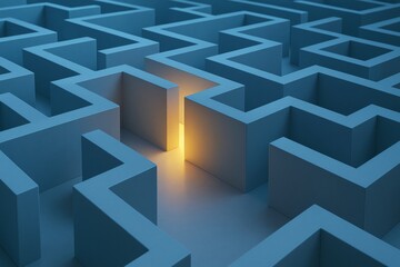 Abstract blue maze with glowing light illuminating one path, symbolizing business strategy, breakthrough, and creative problem solving concept.