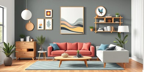 Modern Scandinavian furniture and decor elements, vector illustration, clean, wood