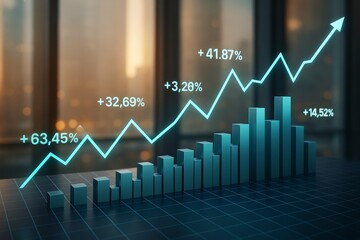 Financial growth chart with glowing percentages and bar graph over dark business background with light reflections, symbolizing success concept.