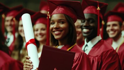 Students dressed in red caps and gowns, celebrating their college or university graduation. The group is gathered for a  to commemorate this achievement.