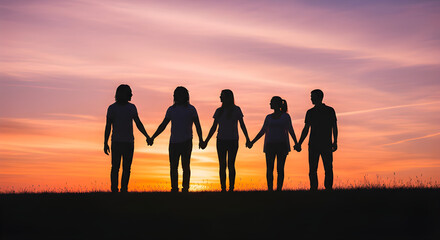 Fototapeta premium Silhouetted friends holding hands, enjoying the sunset's warm glow, symbolizing connection and support.