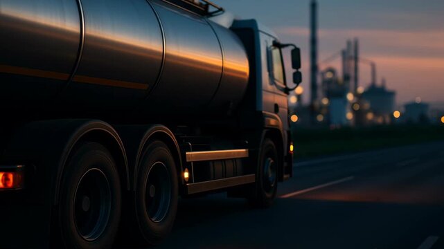 Oil logistics network. Shiny black fuel tanker truck driving road dusk with industrial refinery softly glowing background and blurred refinery scene